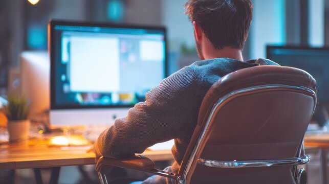 Young man working on a laptop in an office setting - Powered by Adobe