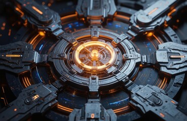Futuristic quantum computing hub with glowing orange, blue elements. Intricate mechanical design suggests advanced technology, innovation, complex systems. Abstract digital network scientific