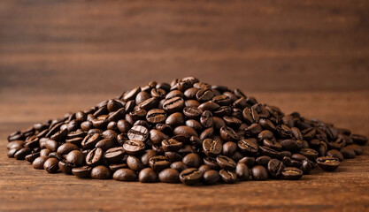 Aromatic roasted coffee beans in a rustic style, in rich brown colors, for cafes and morning routines, with copy space