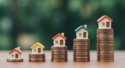 Colorful miniature houses sit atop ascending stacks of coins symbolizing real estate investment and financial growth