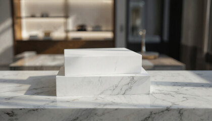 Two white blank boxes stacked on marble surface in luxury store setting. Minimalist design product presentation for cosmetics, beauty, retail items. Elegant, clean tabletop for advertising, branding.
