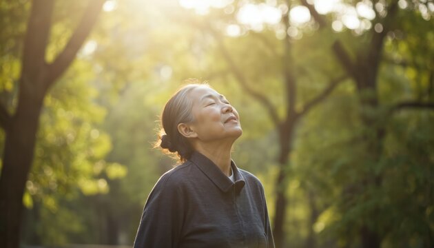 Elderly Asian woman enjoys a peaceful walk in park enhancing mental health. Outdoor therapy promotes relaxation and healing. Sunlit trees create serene atmosphere for wellness.