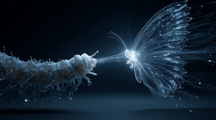 A conceptual visualization of a caterpillar made of data transforming into a digital butterfly