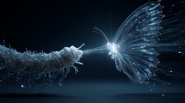 A conceptual visualization of a caterpillar made of data transforming into a digital butterfly