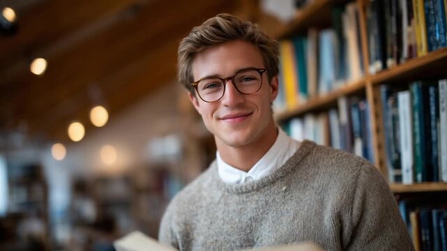 A studious young man in a library, engrossed in a thick book, with glasses reflecting soft light and shelves lined with academic journals and classic literature.