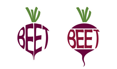 Two beetroots with inscription beet. Vegetable, planting and harvest symbols. Natural organic food. Isolated vector images