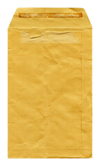 A worn and crumpled brown beige cardboard paper mail envelope on a white background