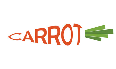 Inscription carrot in shape of carrot. Vegetable, planting and harvest symbol. Natural organic food. Isolated vector image