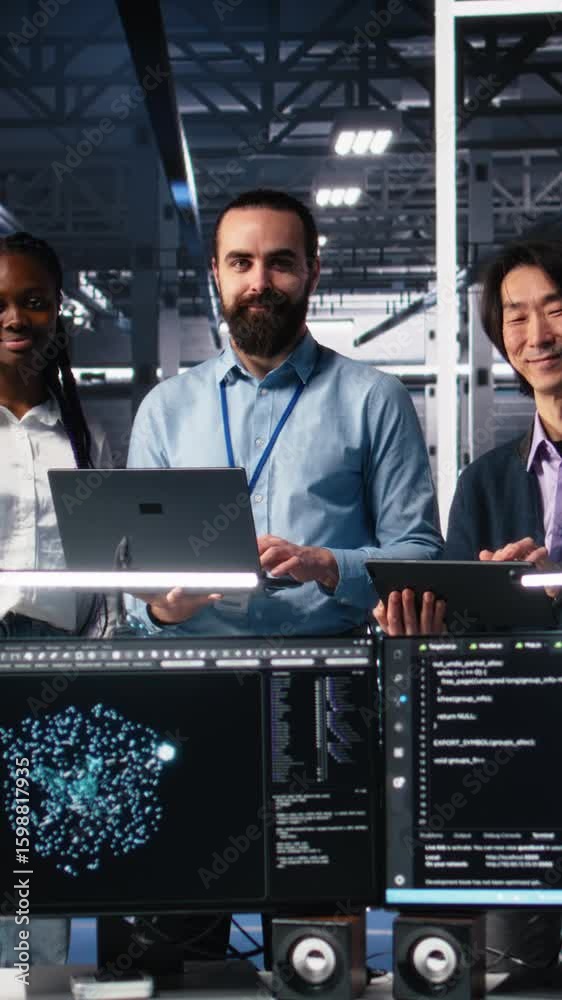 Poster vertical video portrait of smiling engineers in data center code with generative ai assistance. happ
