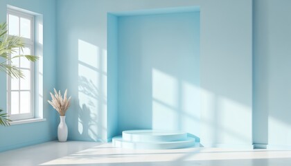 Minimalist 3D studio with soft sunlight, sky blue walls. Features empty floor, window, countertop, layered product podium mockup. Shadow overlay from window creates depth on clean interior design.