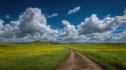 Fototapeta premium A road runs through a field of yellow flowers. The sky is cloudy, but the sun is still shining through the clouds. Scene is peaceful and serene, with the road leading to a beautiful, open field