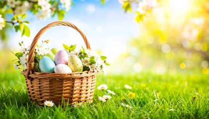Easter basket in spring garden
