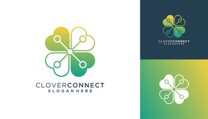Minimalist combined of four-leaf clover with dot connected concept, Clover Tech logo design vector ideas.