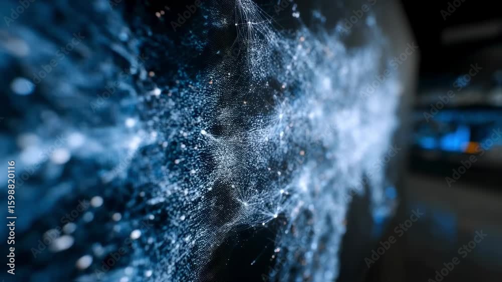 Poster complex network forming from digital particles on a large screen with a server room in the backgroun