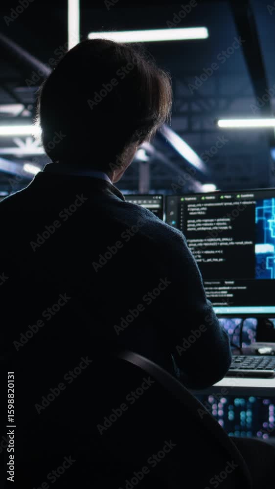 Poster vertical video data center engineer working on artificial intelligence neural network software devel