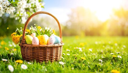 Easter basket in spring meadow