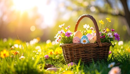 Easter basket with colorful eggs and flowers in a meadow