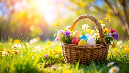 Easter basket with colorful eggs and flowers in a spring garden