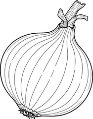 Single onion with layered skin texture and dry stem, hand-drawn style