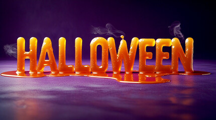 Halloween text in melting orange liquid style on purple background with smoke, glossy spooky typography