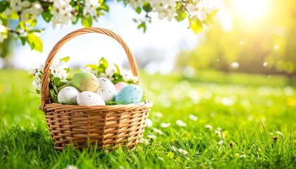 Easter basket with eggs in spring garden