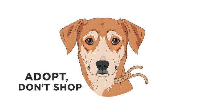 Illustration of a dog with rope collar and text adopt dont shop on a white background image
