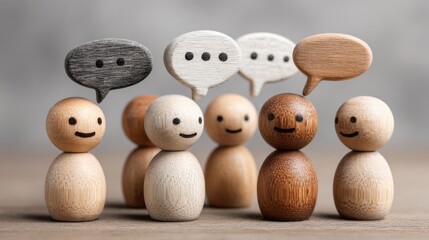 A group of wooden figurines are smiling and holding a speech bubble. Concept of camaraderie and positivity