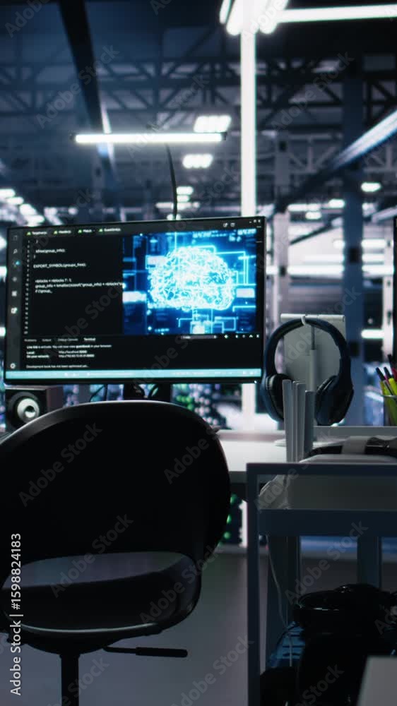 Poster vertical video ai development workstations in data center with monitors displaying machine learning 