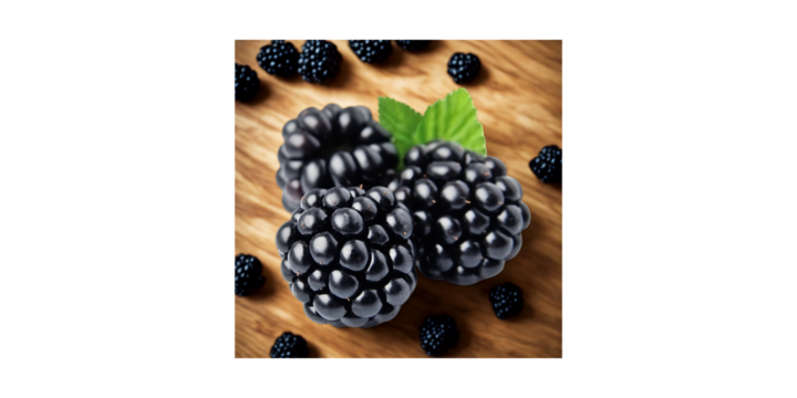 a cluster of fresh blackberries sitting on a wooden surface. Some additional blackberries are scattered around the main group.