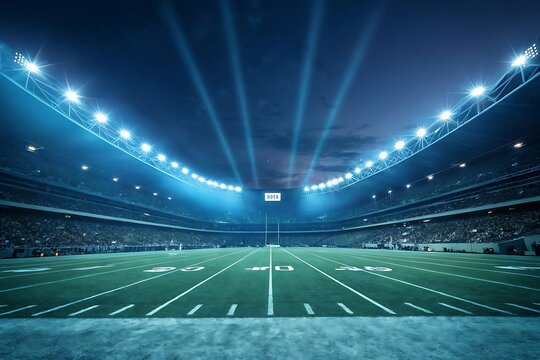 Empty American football stadium at night with bright floodlights illuminating the field image