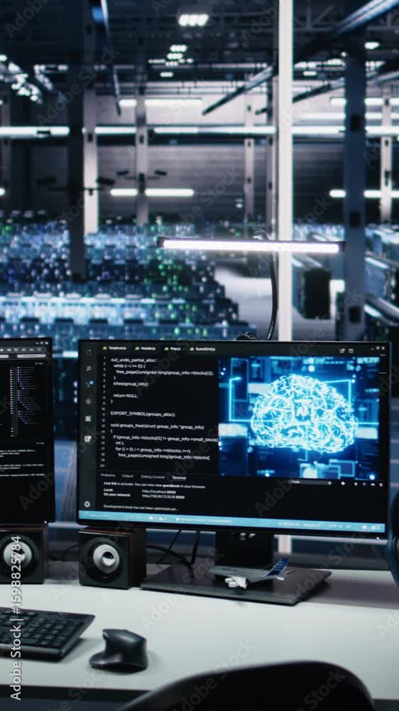 Poster vertical video data center pc screens monitoring backend hardware performance used in ai llm model d