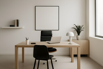 Modern home office with desk chair laptop and blank frame