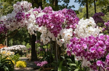 Obraz premium Close-up of Doritaenopsis orchids with purple-white blossoms in a Thai park garden. Rich green foliage and shady trees create a beautiful backdrop for this vibrant flowering plant display.