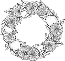 Citrus wreath with lemon slices and leaves arranged in circle, hand-drawn style