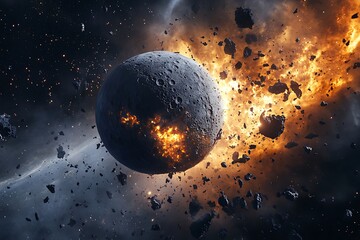 Planet in Space Collision with Asteroids and Fiery Energy Field