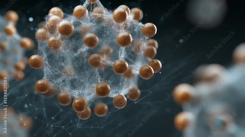 Poster abstract 3d render of interconnected spheres forming a complex network, symbolizing innovation, tech