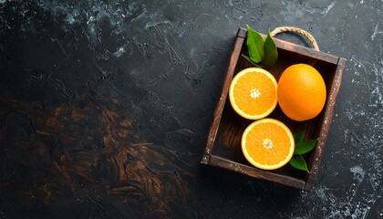 Fresh oranges in wooden crate