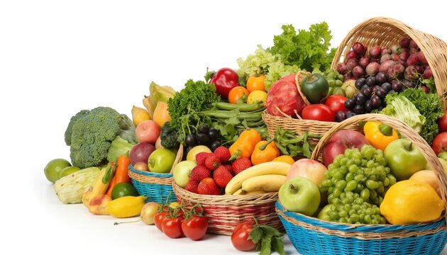 Bountiful collection of colorful fresh produce overflowing from rustic woven baskets. Features vibrant fruits, vegetables like grapes, strawberries, apples, broccoli, bell peppers. Offers healthy,