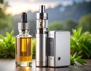 E-cigarettes and E-liquid on wooden surface outdoors