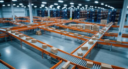 Overhead view of conveyor belts moving boxes in a modern distribution center