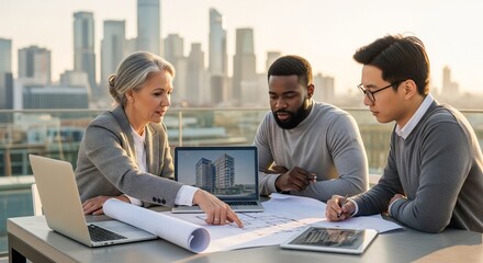 Diverse architectural team collaborating on building design and financial investment project plan, using blueprints, laptop, and tablet with city skyline backdrop.