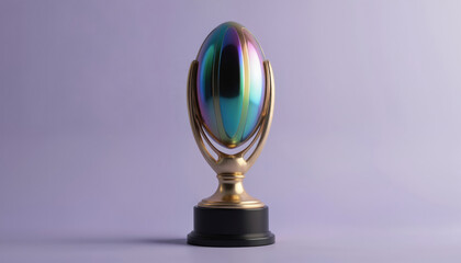 Iridescent rugby ball trophy with gold trim and black base. Award symbolizes victory and achievement. Features shiny, glamorous colors and prestigious design.