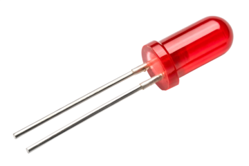 A Single Red Light Emitting Diode (LED) Component with Two Metallic Leads on a Clean White Background, Ready for Electronic Circuitry Applications