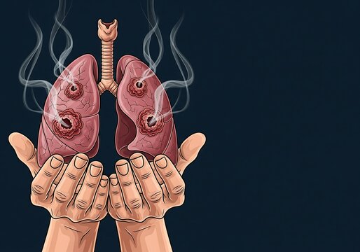 Both hands lifting lungs with holes emitting smoke, an illustration of lungs damaged by cancer. Image for education, advertising, banners, and health posters.
