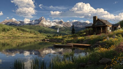 Fototapeta premium Peaceful Mountain Lake Scene With Cabin And Flowers