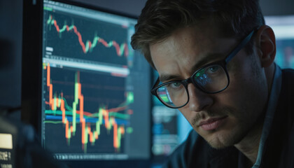 Trader analyzes fluctuating stock market data on computer screen. Glowing charts, graphs reflect intense decision making in dynamic financial environment. Pro concentration shows sharp focus on