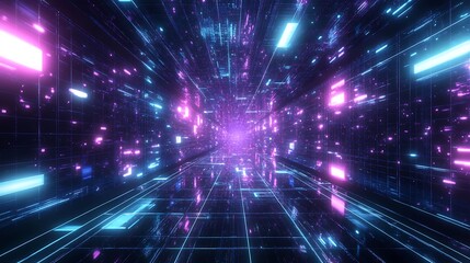 Naklejka premium Navigating Abstract Neon Tunnel with Purple and Blue Glowing Lights