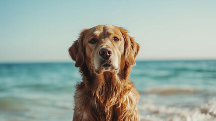 Golden retriever on beach after swimming. Summer vacation, lifeguard and pet travel theme