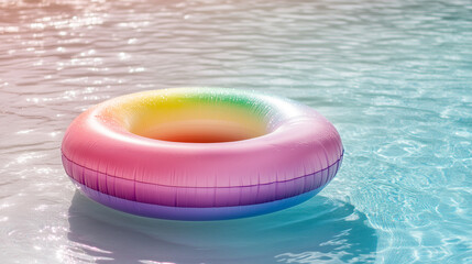 Colorful inflatable pool tube on water in a sunny day. Charming beach vacation concept