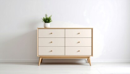Light beige dresser against white wall